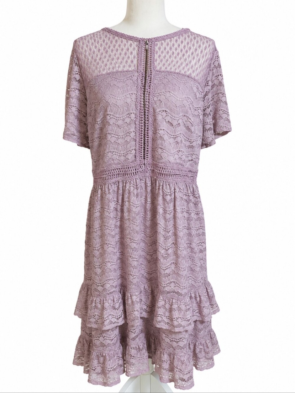 Lilac Lace Crochet Trim Short Sleeve Dress Lavender Tiered Ruffles Plus Size 18
